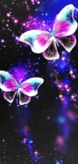 Vibrant glowing butterflies on a galaxy-themed wallpaper background.