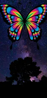 Colorful butterfly in starry galaxy night backdrop.