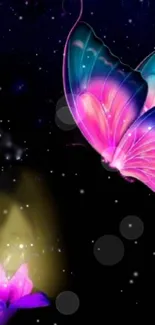 Vibrant butterfly in colorful galaxy night sky wallpaper.