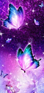 Vibrant purple butterfly galaxy wallpaper with sparkling stars and a dreamy theme.