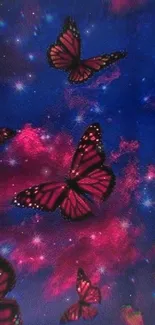 Vibrant wallpaper with butterflies in a cosmic magenta and blue galaxy.