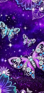 Vibrant galaxy wallpaper with jeweled butterflies.