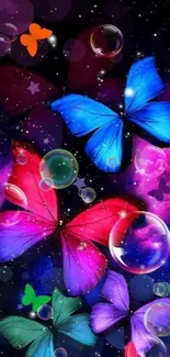 Bright blue and red butterflies in galaxy-themed mobile wallpaper.