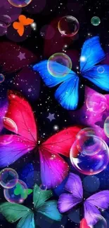 Vibrant butterflies in a cosmic galaxy with stars.