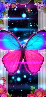 Colorful butterfly with galaxy background and floral accents.