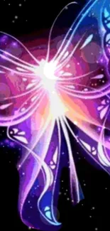 Luminous butterfly with purple galaxy background wallpaper.