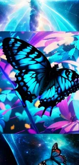 Vivid butterfly with galaxy and floral elements in a luminous mobile wallpaper.