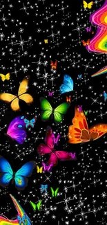 Vibrant butterflies and stars on black background