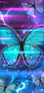 Vibrant blue butterflies flutter in a cosmic galaxy background.