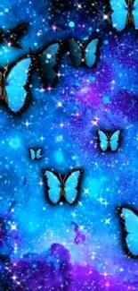 Blue butterflies in a starry galaxy background.