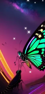 Vibrant butterfly with galaxy background and neon colors.