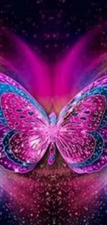 Pink and blue butterfly in a cosmic galaxy design wallpaper.