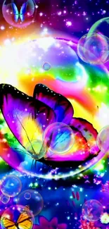 Vibrant butterfly with bubbles in a colorful galaxy design.