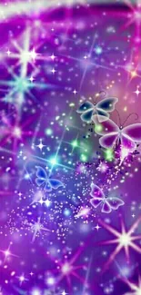 Vibrant purple wallpaper with butterflies and stars.