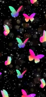 Colorful butterflies in dark galaxy wallpaper.