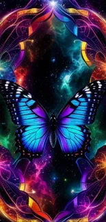 Neon cosmic butterfly wallpaper with vibrant colors and patterns.