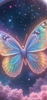 Colorful butterfly against a starry galaxy background.