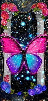 Vibrant pink and blue butterfly with galaxy and floral design wallpaper.