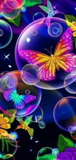 Colorful butterflies and flowers with bubbles on dark background.