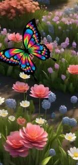 Vibrant butterfly in a colorful flower garden.