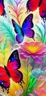 Colorful butterflies and flowers on a vibrant wallpaper.