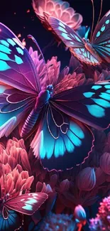 Vibrant purple and blue butterflies on a floral background.