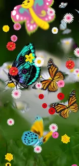 Colorful butterflies and flowers in a vibrant garden scene wallpaper.