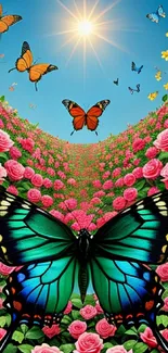 Colorful butterflies and rose garden under a sunny sky mobile wallpaper.