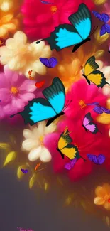 Vibrant wallpaper with butterflies and colorful flowers.