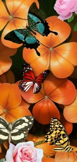 Vibrant wallpaper with butterflies, orange blooms, and pink roses.