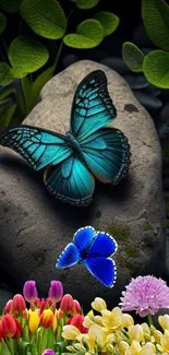 Vibrant butterfly resting on a rock surrounded by colorful flowers in a garden.