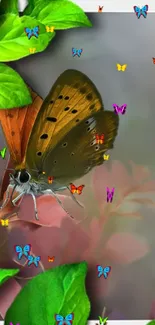 Vibrant butterfly on foliage with colorful flowers.