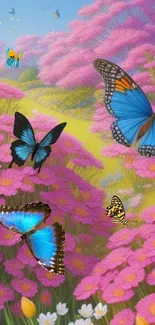 Vibrant butterfly garden wallpaper with pink flowers.