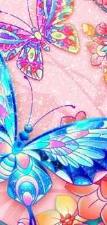 Colorful butterfly and floral wallpaper art.