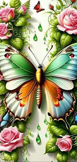 Colorful butterfly amid lush roses wallpaper.