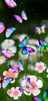 Colorful butterflies flutter over blooming flowers in a vibrant garden scene.