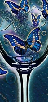 Vibrant blue butterflies in elegant glass artwork.