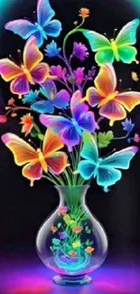 Colorful butterflies in glass vase wallpaper.