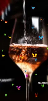 A vibrant wallpaper featuring butterflies with a glass of wine aesthetic.