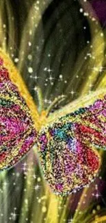 Colorful glitter butterfly with sparkling effects on a dark background.