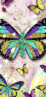 Vibrant glittery butterflies in a colorful background with sparkles.