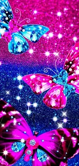 Vibrant pink and blue butterfly wallpaper with glitter effects.