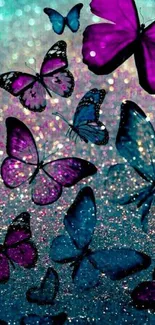 Vibrant purple and blue butterflies with sparkling glitter on a wallpaper.