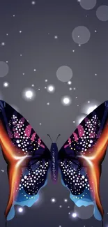 Glowing butterfly on dark background with vibrant colors and starry elements.