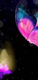 Vibrant neon butterfly with a glowing aura in the dark night sky.