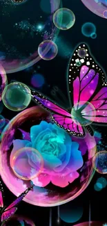 Vibrant butterflies and colorful bubbles glow in a captivating wallpaper.