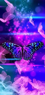 Colorful neon butterfly glowing in blue and purple hues.