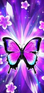 Vibrant purple butterfly with glowing flowers on a fantasy background.