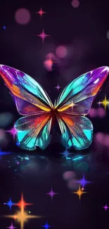 Vibrant neon butterfly with sparkling stars on a dark background.