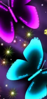 Vibrant neon butterfly wallpaper with glowing effects.